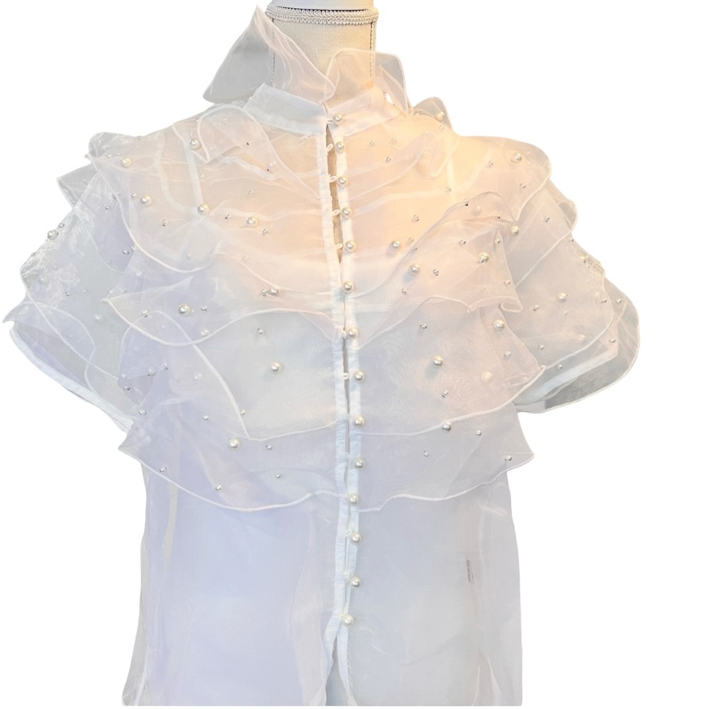 #A015  RomanticStyle EveningGlam  Nancy  White  Organza  Pearl  Ruffle Top NWT M - Picture 3 of 11